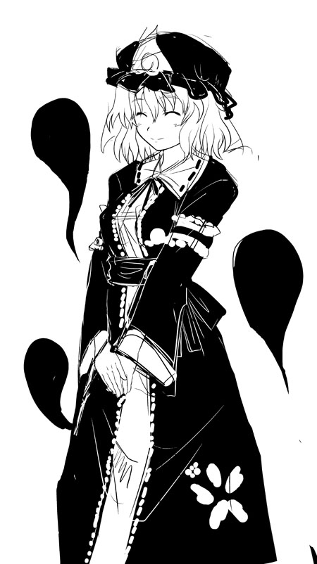 hiromasa, saigyouji yuyuko, touhou, 1girl, female focus, greyscale, hat, monochrome, solo