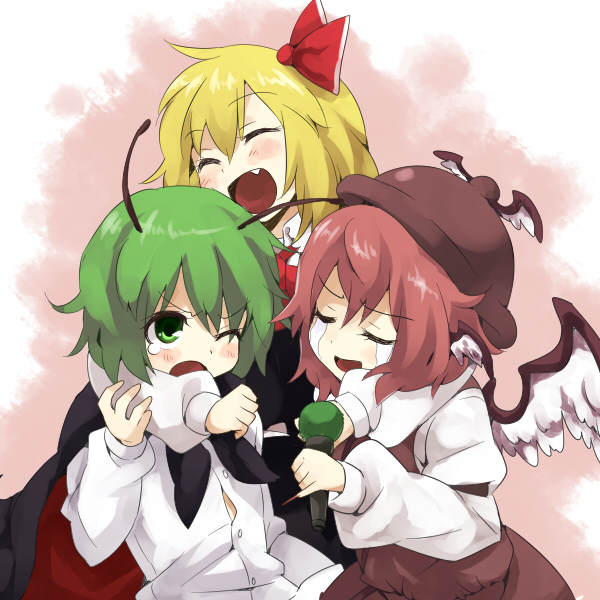 kiji (manekinuko-tei), mystia lorelei, rumia, wriggle nightbug, touhou, 3girls, antennae, blonde hair, blush, closed eyes, fang, female focus, fingernails, green hair, hat, long fingernails, multiple girls, sharp fingernails, short hair, skirt, tears, wings