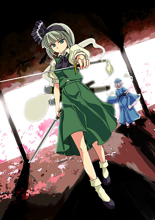 morisoban, konpaku youmu, konpaku youmu (ghost), saigyouji yuyuko, touhou, silver hair, 2girls, ascot, dress, dual wielding, expressionless, female focus, green dress, hat, hitodama, holding, holding sword, holding weapon, katana, long sleeves, looking at viewer, mob cap, multiple girls, puffy short sleeves, puffy sleeves, short sleeves, standing, sword, tanto, triangular headpiece, unsheathed, weapon