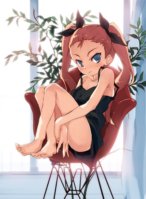 kitano yuusuke, minase iori, idolmaster, idolmaster (classic), idolmaster 1, duplicate, 00s, 1girl, barefoot, between legs, blue eyes, blush, camisole, collarbone, feet, female focus, forehead, full body, hair slicked back, hand between legs, long hair, looking at viewer, plant, sitting, solo, toes, twintails, window