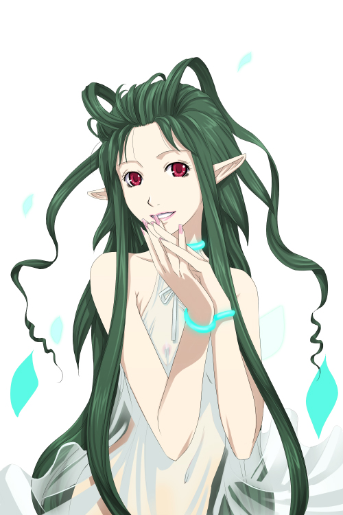 lif (lif & ref), mr.romance, lif (ragnarok online), ragnarok online, homunculus, 1girl, collar, female focus, flat chest, long hair, nipples, pointy ears, red eyes, see-through clothes, solo