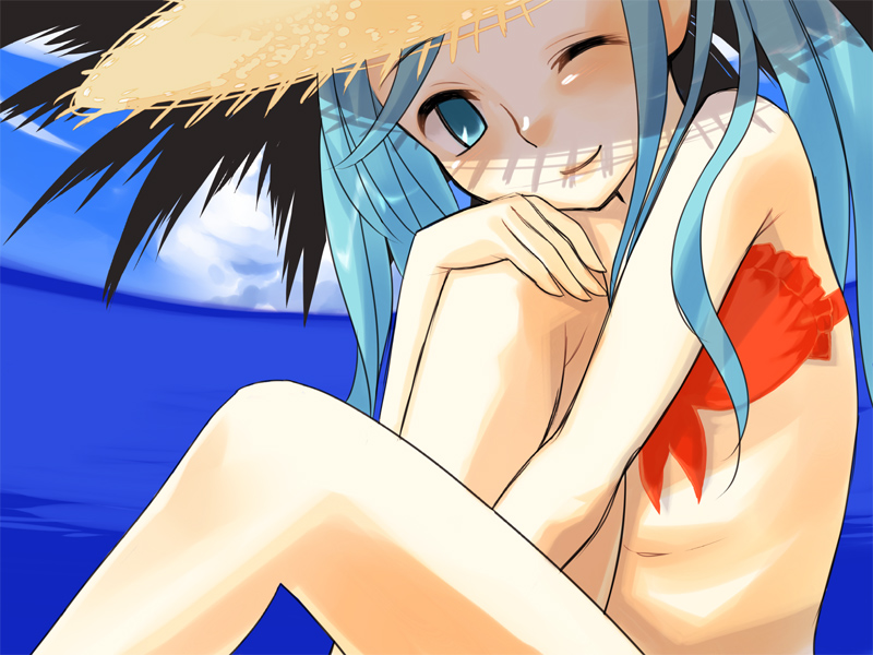gk, hatsune miku, vocaloid, 1girl, bikini, day, female focus, hat, hugging own legs, one eye closed, smile, solo, straw hat, swimsuit, wink