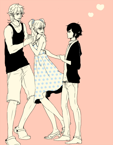 yoshinoya (artist), michael trinity, nena trinity, setsuna f. seiei, gundam, gundam 00, bad id, bad pixiv id, 00s, 1girl, 2boys, brother and sister, dress, freckles, heart, holding hands, monochrome, multiple boys, pink background, polka dot, sandals, siblings, spot color, unmoving pattern