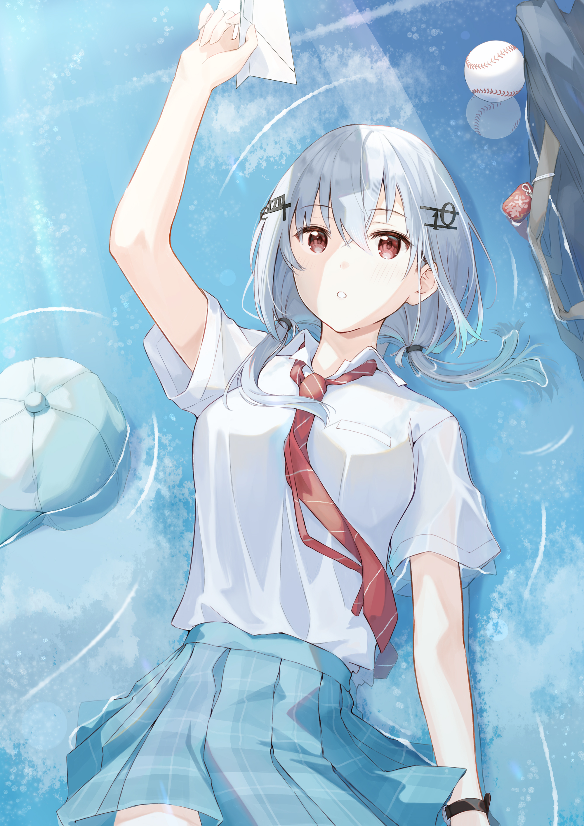 kotorime (kmizuq1), hakase fuyuki, nijisanji, absurdres, highres, 1girl, :o, bag, ball, baseball (object), baseball cap, blue hat, blue skirt, blue sky, breasts, collared shirt, grey hair, hair between eyes, hair ornament, hat, holding, holding paper airplane, large breasts, low twintails, lying, necktie, number hair ornament, on back, origami, paper airplane, partially submerged, pi (math), plaid clothes, plaid skirt, pleated skirt, red eyes, red necktie, school bag, school uniform, shirt, short sleeves, skirt, sky, solo, striped necktie, summer uniform, twintails, virtual youtuber, water, white shirt