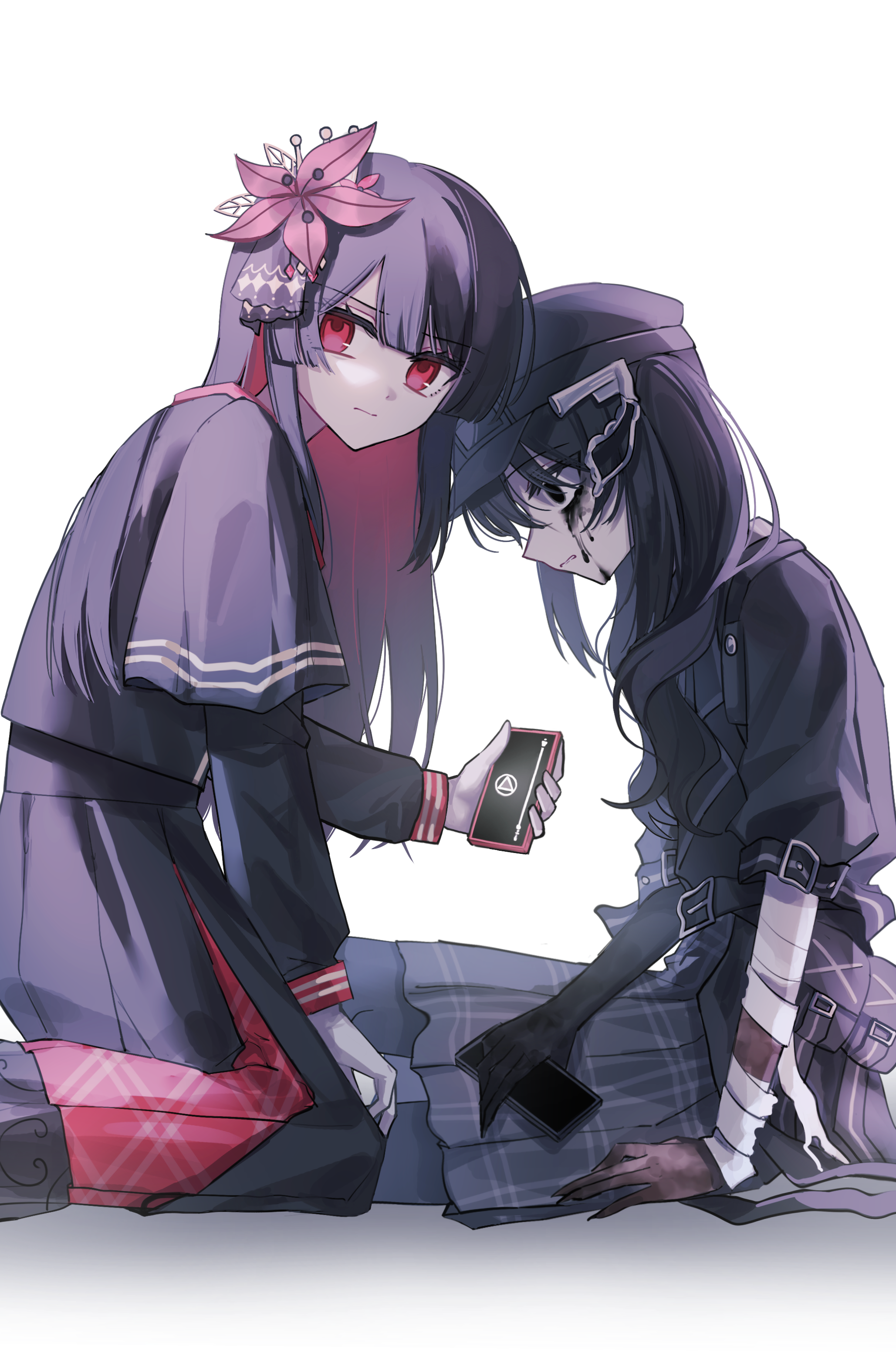 zetsuhika, nikaidou hiro, mahou shoujo no majo saiban, absurdres, highres, procreate (medium), spoilers, 2girls, bandaged arm, bandages, black eyes, black hair, black hat, black jacket, black ribbon, black shirt, black skin, black skirt, black tears, closed mouth, colored skin, crying, crying with eyes open, dress, flower, goggles, goggles on headwear, grey dress, hair flower, hair ornament, hat, holding, holding phone, jacket, kneeling, kurobe nanoka, long hair, long sleeves, looking at viewer, magical girl, multiple girls, phone, pleated skirt, red eyes, red flower, ribbon, shirt, simple background, sitting, skirt, tears, twintails, white background