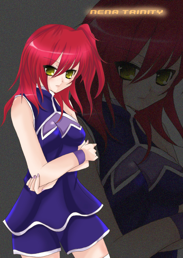 gokugetsu momo, nena trinity, gundam, gundam 00, 00s, 1girl, blush, breasts, cleavage, female focus, red hair, see-through clothes, shorts, solo, thighhighs, yellow eyes, zettai ryouiki, zoom layer