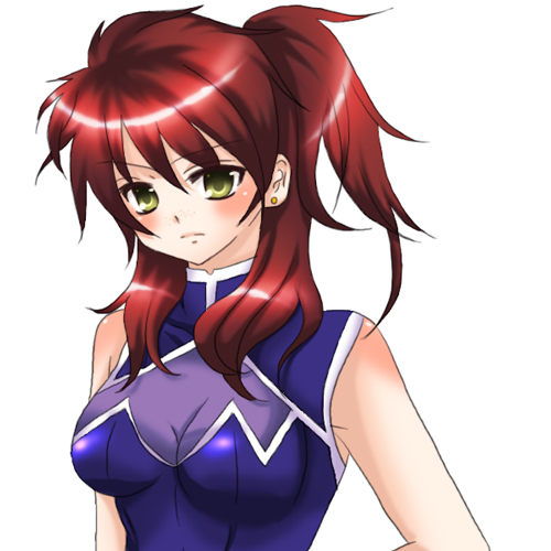 gokugetsu momo, nena trinity, gundam, gundam 00, bad id, bad pixiv id, lowres, 00s, 1girl, blush, breasts, cleavage, female focus, freckles, red hair, see-through clothes, solo, yellow eyes