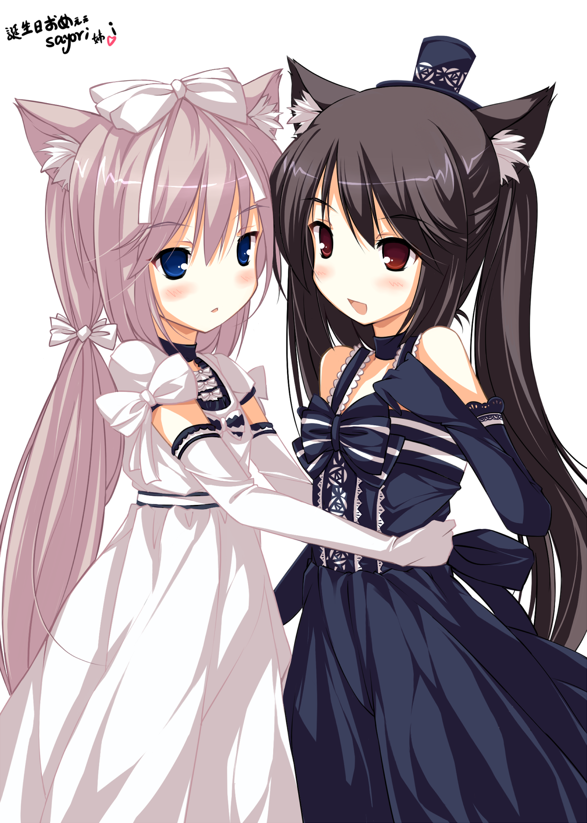 ideolo, chocola (nekopara), vanilla (nekopara), nekopara, original, highres, 10s, 2girls, animal ear fluff, animal ears, cat ears, cat girl, multiple girls, ribbon, siblings, sisters, twins