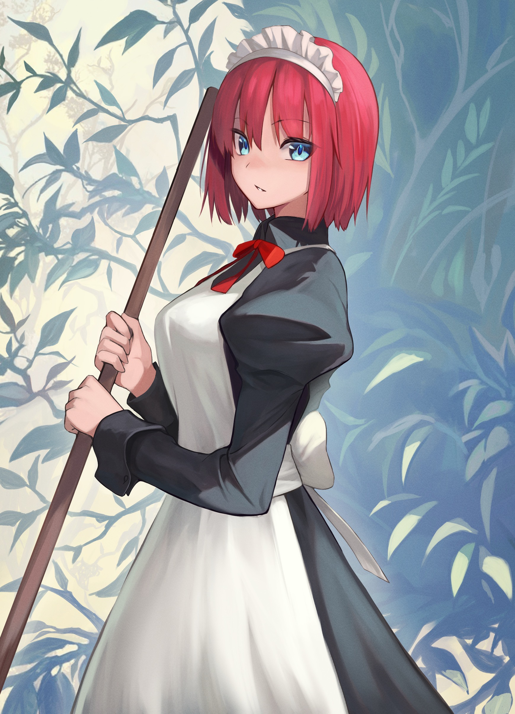 genshu doki, hisui (tsukihime), tsukihime, absurdres, highres, 1girl, apron, blue eyes, bow, breasts, looking at viewer, maid, maid apron, maid headdress, medium breasts, medium hair, red bow, red hair, solo, standing