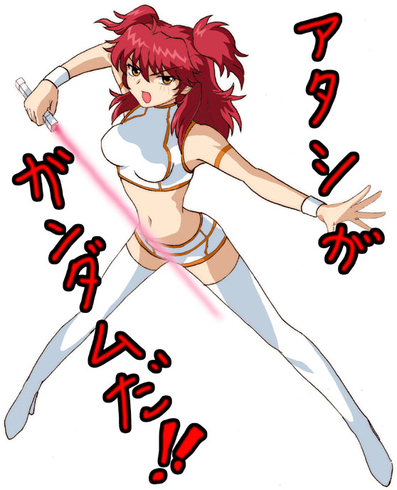 navi chibi yuki, nena trinity, gundam, gundam 00, translated, 00s, angry, boots, energy sword, midriff, red hair, short shorts, shorts, simple background, solo, sword, thigh boots, thighhighs, two side up, weapon, white background, yellow eyes, zettai ryouiki