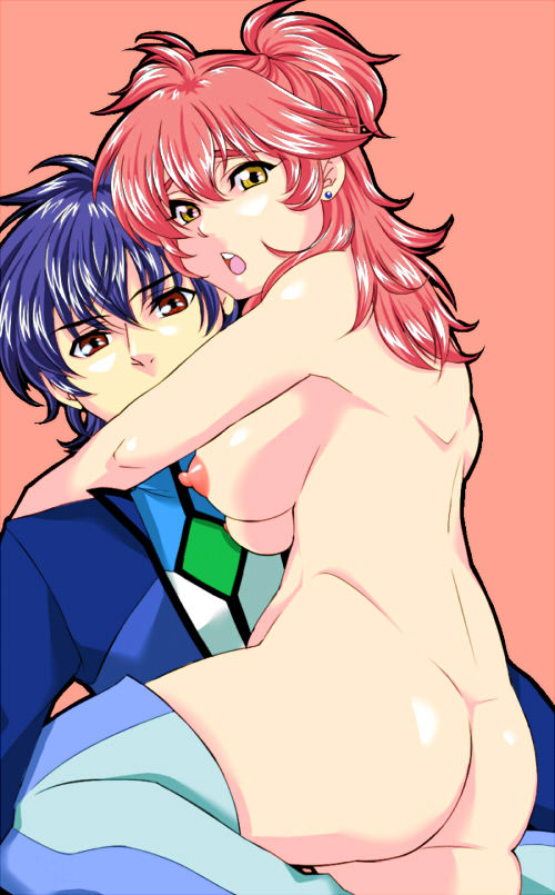 lobster (pixiv172000), nena trinity, setsuna f. seiei, gundam, gundam 00, bad id, bad pixiv id, 00s, 1boy, 1girl, ass, breasts, clothed male nude female, female pervert, hetero, hug, large breasts, long hair, nipples, no panties, nude, open mouth, pervert, red hair, robusutaa, surprised, thighhighs, yellow eyes