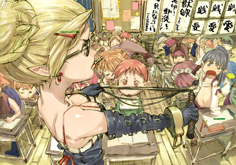 toi8, archer (disgaea), fighter, healer, healer (disgaea), mage (disgaea), magic knight (disgaea), male warrior (disgaea), ninja (disgaea), prinny, ronin (disgaea), warrior (disgaea), disgaea, makai senki disgaea 2, official art, 6+boys, 6+girls, bare shoulders, bird, black hair, blonde hair, breasts, classroom, cleavage, demon, desk, drill hair, elbow gloves, glasses, gloves, green hair, hair bun, hair ornament, hairclip, hand up, leather, leather clothes, maid headdress, medium breasts, multiple boys, multiple girls, ninja, penguin, pointy ears, red hair, rune mage, sarashi, school, school desk, short hair, single hair bun, sitting, standing, teacher, whip, wooden floor