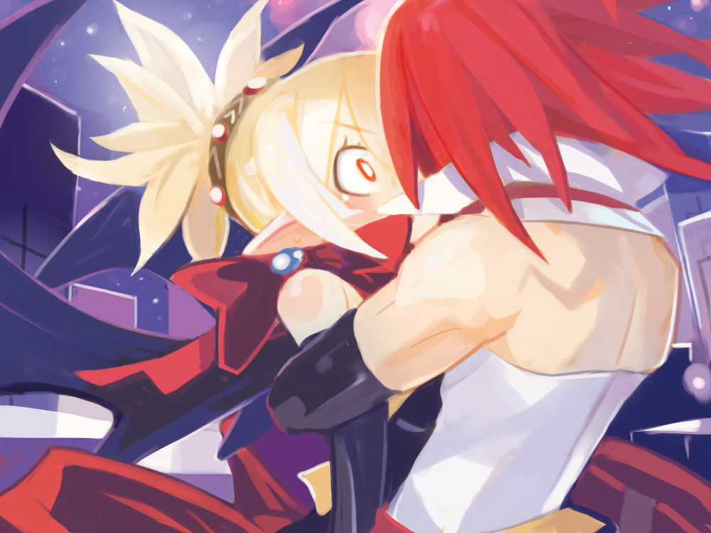 harada takehito, adell (disgaea), rozalin, disgaea, makai senki disgaea 2, spoilers, 1boy, 1girl, blonde hair, bright pupils, city, couple, demon, demon girl, demon wings, hetero, hug, kiss, night, outdoors, pointy ears, red eyes, red hair, surprised, wide-eyed, wings