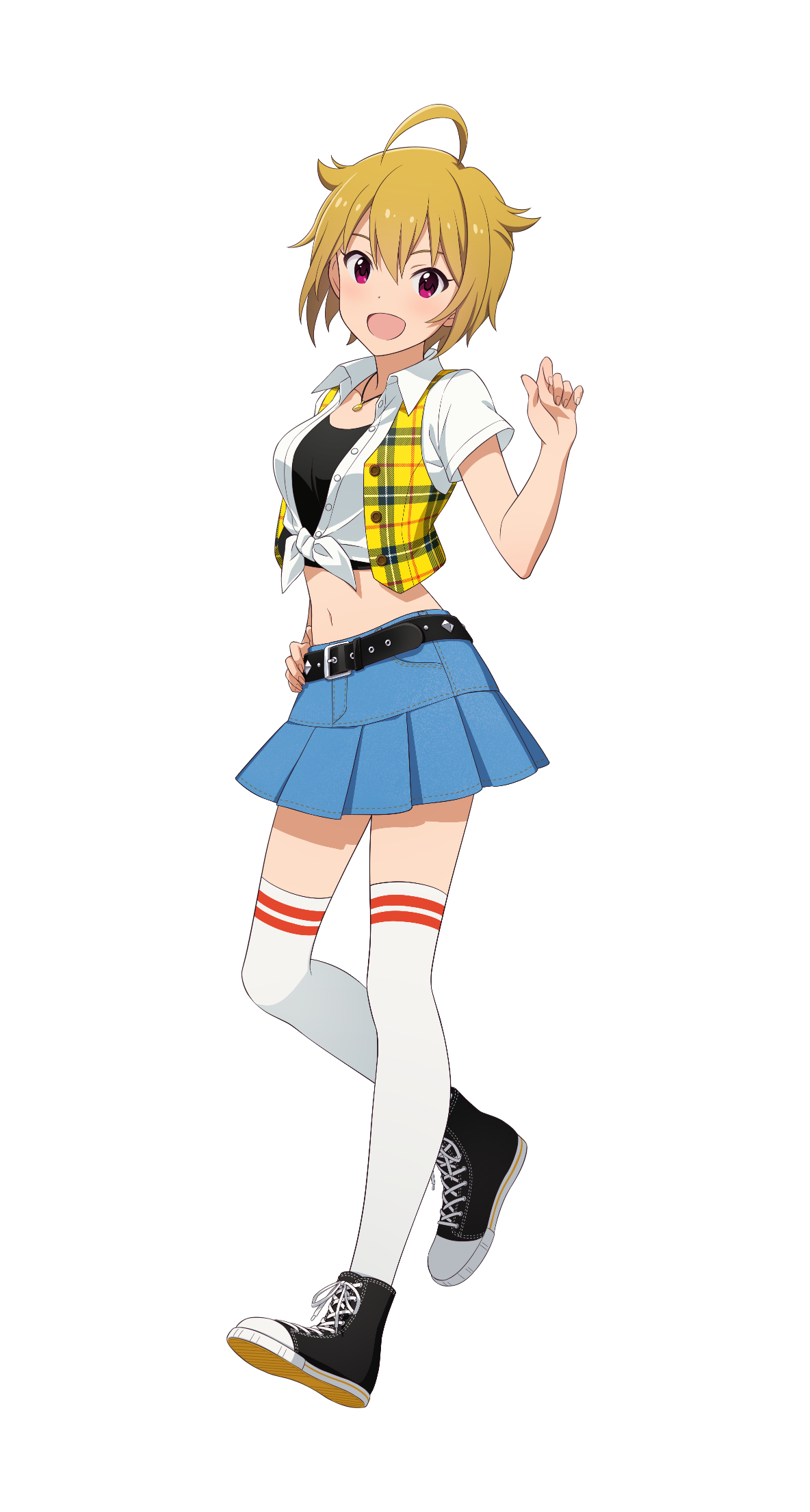ibuki tsubasa, converse, idolmaster, idolmaster million live!, idolmaster tours, official art, 1girl, ahoge, belt, brown hair, buttons, full body, jewelry, navel, necklace, open mouth, purple eyes, shoe soles, skirt, solo, thighhighs, transparent background, white thighhighs