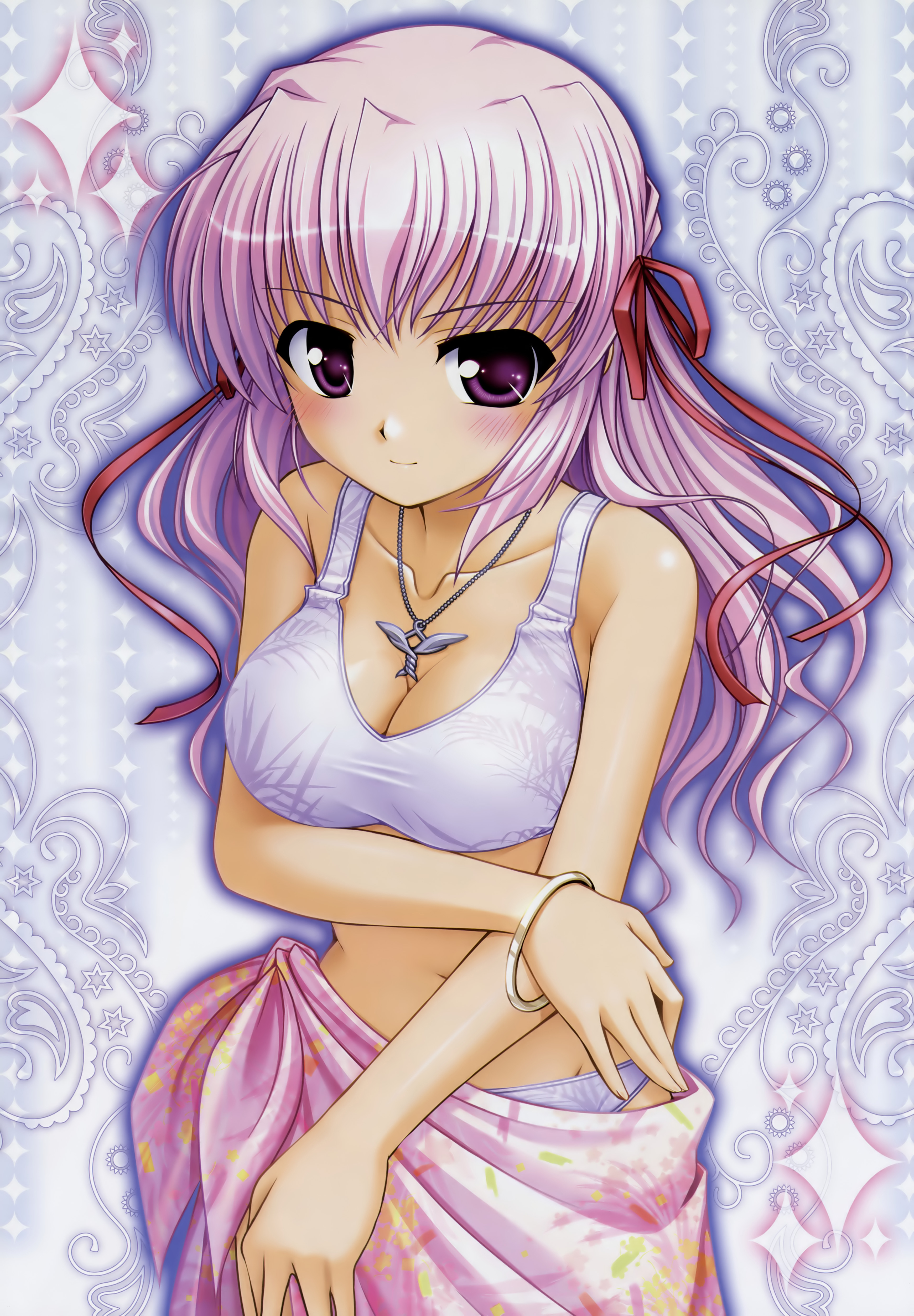 bekkankou, estel freesia, yoake mae yori ruri iro na, absurdres, highres, 1girl, bikini, blush, bracelet, breasts, cleavage, female focus, hair ribbon, jewelry, light smile, long hair, looking at viewer, navel, necklace, pendant, pink sarong, purple eyes, purple hair, ribbon, sarong, shiny skin, solo, swimsuit, white bikini