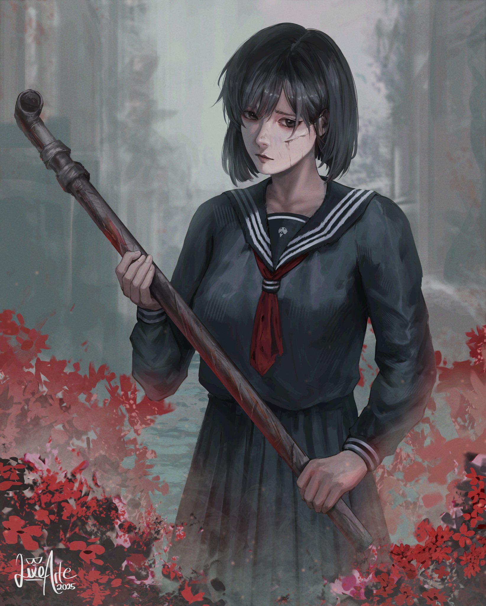 luxearte, shimizu hinako, silent hill (series), silent hill f, highres, 1girl, artist name, black hair, black serafuku, cheek injury, expressionless, holding, holding lead pipe, lead pipe, looking at viewer, multiple style parody, neckerchief, parody, red neckerchief, sailor collar, sailor shirt, school uniform, serafuku, shirt, solo, style parody