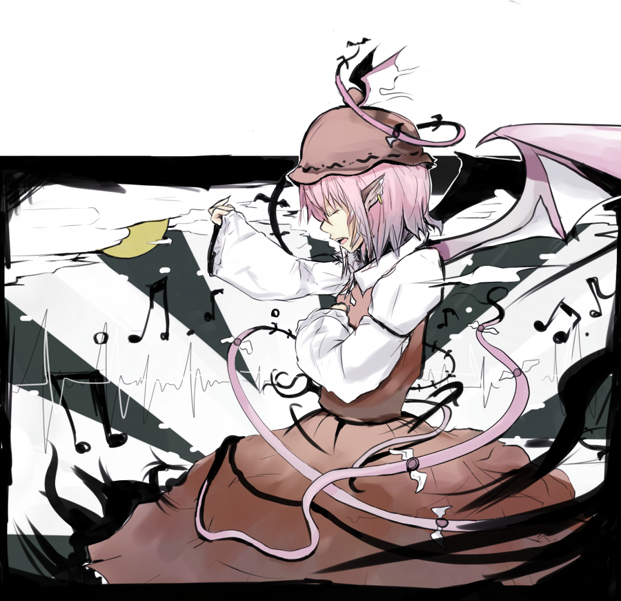 sergei (pattundo), serugei, mystia lorelei, touhou, 1girl, female focus, hat, music, pink hair, short hair, singing, solo, wings