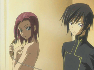 kouzuki kallen, lelouch vi britannia, code geass, animated, animated gif, anime screenshot, lowres, 00s, 1boy, 1girl, ass, back, breasts, clothed male nude female, embarrassed, medium breasts, mixed-sex bathing, nude, qvga, red hair, shared bathing, showering, sideboob, wet