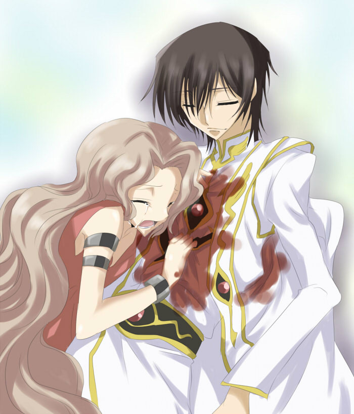 maruki (punchiki), lelouch vi britannia, nunnally vi britannia, code geass, bad id, bad pixiv id, spoilers, 00s, 1boy, 1girl, armband, blood, brother and sister, brown hair, closed eyes, crying, death, dress, long hair, siblings, tears