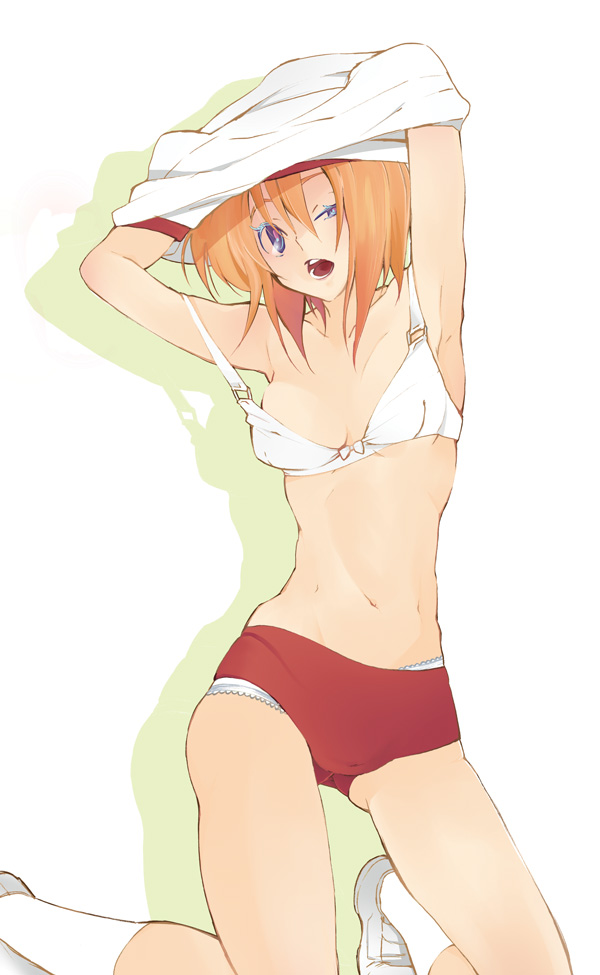 shino satoru, ryuuguu rena, higurashi no naku koro ni, 00s, 1girl, armpits, arms up, blue eyes, bra, breasts, buruma, female focus, frilled panties, frills, gym uniform, kneeling, lingerie, midriff, navel, orange hair, panties, panties under buruma, small breasts, solo, underwear, undressing, white bra, white panties