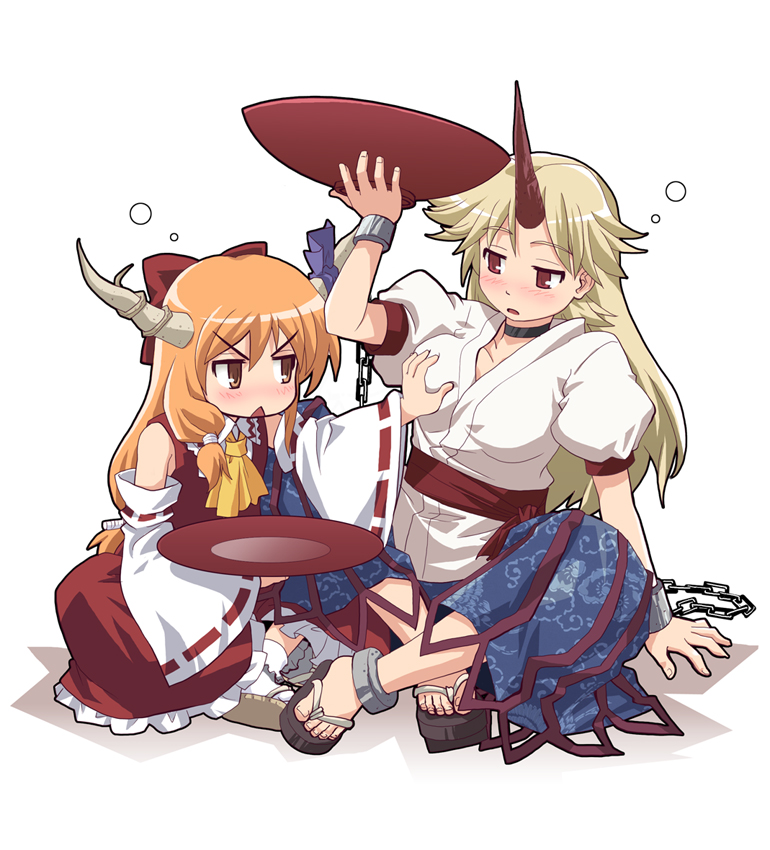 haniwa, haniwa (leaf garden), hakurei reimu, hoshiguma yuugi, ibuki suika, touhou, 2girls, alcohol, blonde hair, blush, breasts, chain, cosplay, cuffs, cup, detached sleeves, drunk, female focus, grabbing another's breast, green eyes, groping, hakurei reimu (cosplay), horns, japanese clothes, large breasts, long hair, multiple girls, oni, orange hair, red eyes, ribbon, sakazuki, sake, sandals, single horn, sitting