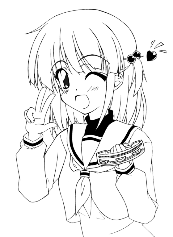 otamon, segawa izumi, hayate no gotoku!, 00s, 1girl, blush, female focus, greyscale, instrument, monochrome, school uniform, serafuku, simple background, solo, tambourine, upper body, white background