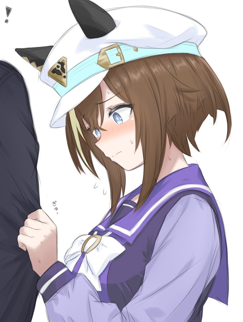 nanasedayoxd, cheval grand (umamusume), trainer (umamusume), umamusume, !, 1boy, 1girl, animal ears, aqua belt, belt, brown hair, ear covers, hat, hat belt, horse ears, horse girl, multicolored hair, peaked cap, school uniform, streaked hair, tracen school uniform, white background, white hat