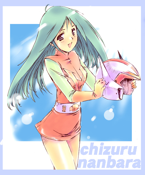 moriguchi nao (naonao), naonao77, nanbara chizuru, choudenji robo combattler v, sunrise (company), toei company, 1970s (style), 1girl, belt, character name, female focus, gloves, green hair, helmet, long hair, oldschool, open mouth, retro artstyle, smile, solo