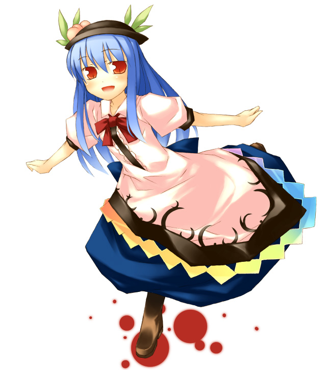 nu (plastic eraser), hinanawi tenshi, touhou, 1girl, blush, bow, bowtie, female focus, food, fruit, green skirt, hat, leaf, looking at viewer, outstretched arms, peach, puffy short sleeves, puffy sleeves, rainbow order, red bow, red bowtie, shirt, short sleeves, skirt, solo, standing, tareme, white shirt
