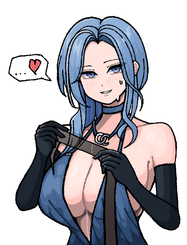 carvi be happy, dp-12 (girls' frontline), girls' frontline, girls' frontline 2: exilium, …, 1girl, blue choker, breasts, choker, dress, evening gown, heart, helen (girls' frontline 2), helen (starlit waltz) (girls' frontline 2), holding, large breasts, official alternate costume, solo, speech bubble, upper body