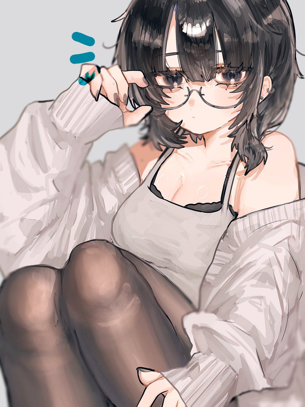 oubaisameko 181, original, highres, 1girl, adjusting eyewear, bare shoulders, black-framed eyewear, black bra, black eyes, black hair, black nails, blurry, bra, bra peek, breasts, camisole, cleavage, closed mouth, ear piercing, fingernails, glasses, grey background, grey camisole, hair between eyes, jacket, jacket partially removed, knees up, long sleeves, looking at viewer, medium breasts, nail polish, notice lines, pantyhose, piercing, short hair, simple background, sleeves past wrists, solo, underwear, white jacket