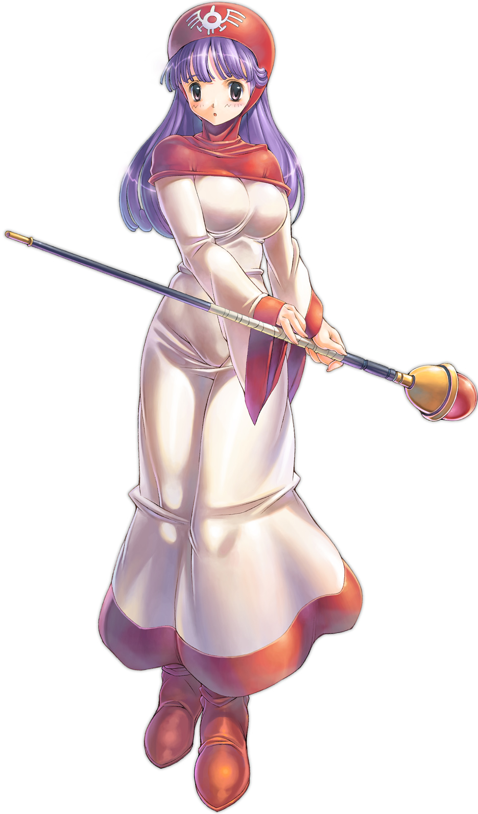 uchiu kazuma, princess of moonbrook, chunsoft, dragon quest, dragon quest ii, enix, 1980s (style), highres, 1girl, :o, blush, breasts, dress, female focus, full body, hood, large breasts, long hair, oldschool, open mouth, pink eyes, purple hair, robe, simple background, solo, staff, standing, white background