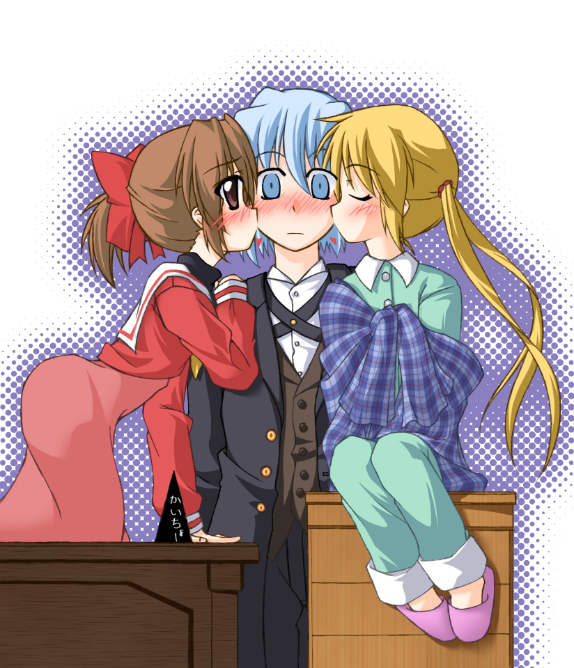 otamon, ayasaki hayate, maria (hayate no gotoku!), sanzen'in nagi, hayate no gotoku!, 00s, 1boy, 2girls, blue eyes, blue hair, blush, brown eyes, brown hair, hair ribbon, kiss, multiple girls, pajamas, ponytail, ribbon, school uniform, serafuku, slippers, twintails