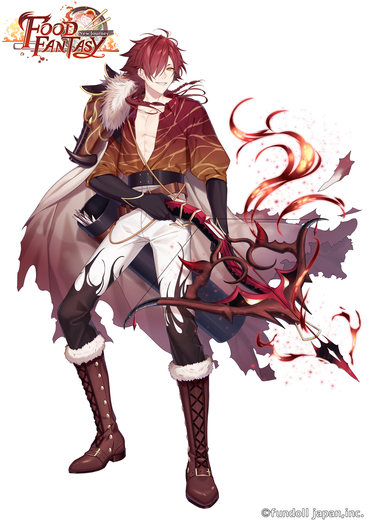 cocosuke, food fantasy, highres, official art, 1boy, abs, ahoge, arrow (projectile), belt, black belt, black gloves, black pants, boar, boots, bow (weapon), braid, brown boots, cape, collarbone, collared shirt, copyright logo, copyright notice, crossbow, elbow gloves, fire, flame print, flower, full body, fur-trimmed boots, fur-trimmed cape, fur trim, gloves, gradient cape, grin, hair over one eye, high-waist pants, holding, holding crossbow, holding weapon, jinhua ham (food fantasy), lace-up boots, looking at viewer, male focus, medium hair, one eye covered, open clothes, open shirt, pants, patterned clothing, pectoral cleavage, pectorals, pelt, print pants, print shirt, puffy sleeves, quiver, red cape, red flower, red hair, shirt, shirt tucked in, short eyebrows, side braid, side cape, sideways glance, simple background, smile, solo, standing, three-quarter sleeves, toned, toned male, torn cape, torn clothes, two-tone pants, weapon, white background, white cape, white pants, yellow eyes