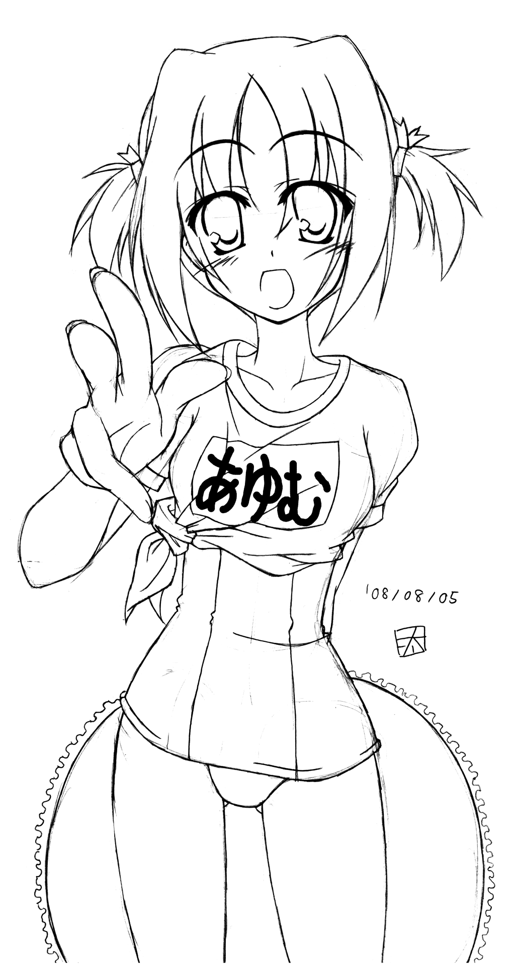 otamon, nishizawa ayumu, hayate no gotoku!, highres, 00s, 1girl, female focus, greyscale, hair ribbon, monochrome, one-piece swimsuit, ribbon, school swimsuit, sketch, solo, swimsuit, twintails