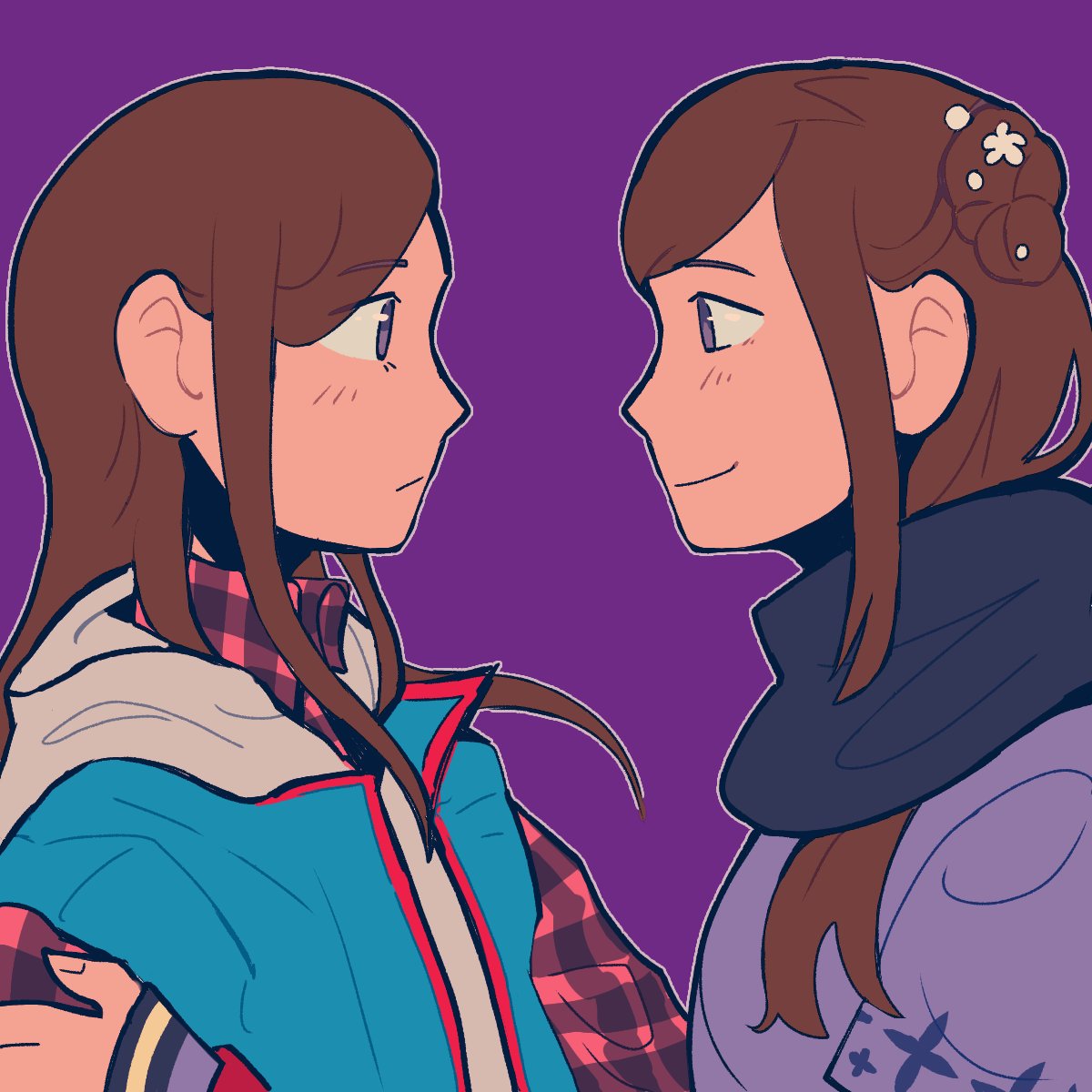 junpei (kyokugen dasshutsu), kurashiki akane, kyokugen dasshutsu, kyokugen dasshutsu: 9 jikan 9 nin 9 no tobira, commentary, english commentary, highres, 2girls, black scarf, blue vest, brown hair, closed mouth, cosplay, flat color, from side, hair bun, hand on another's arm, junpei (kyokugen dasshutsu) (cosplay), long hair, multiple girls, outline, plaid clothes, purple background, purple eyes, scarf, sidelocks, simple background, single side bun, smile, timeskipped, vest, white outline