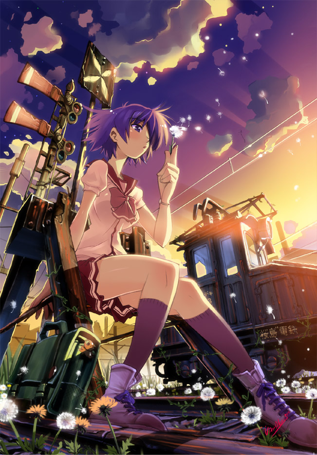 vania600, tonami yuma, to heart (series), to heart 2, bad id, bad pixiv id, 00s, 1girl, bag, cloud, dandelion, electric locomotive, female focus, flower, locomotive, overhead line, power lines, purple eyes, purple hair, railroad tracks, satchel, school bag, school uniform, serafuku, short hair, sitting, sky, solo, train
