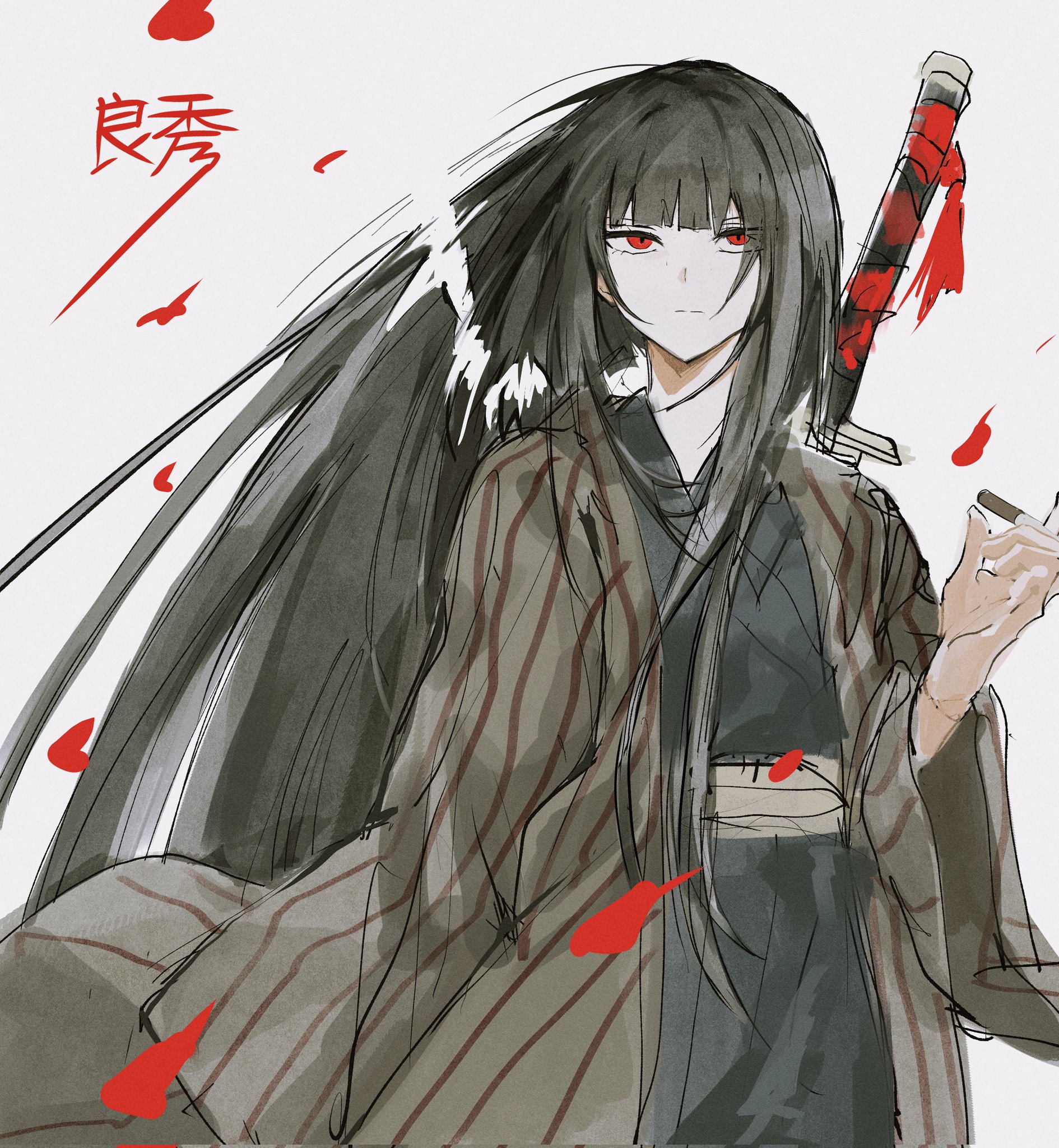 hasugu, ryoshu (project moon), limbus company, project moon, highres, 1girl, black hair, black kimono, brown coat, cigarette, coat, e.g.o (project moon), forest for the flames (e.g.o), grey sash, japanese clothes, kimono, long hair, long sleeves, looking at viewer, red eyes, simple background, solo, standing, striped coat, sword, sword on back, upper body, weapon, weapon on back, white background