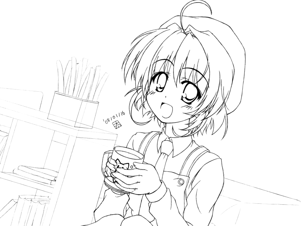 otamon, yuuki kanade, fortune arterial, beret, greyscale, hat, monochrome, necktie, short hair, solo