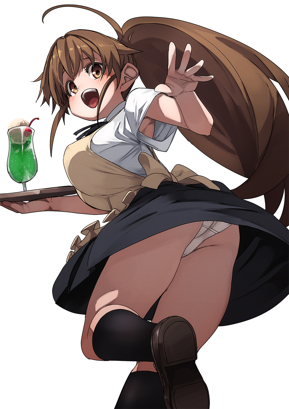 fu-ta, taneshima popura, working!!, highres, 1girl, :d, ass, black skirt, black socks, breasts, brown eyes, brown hair, cup, large breasts, long hair, looking at viewer, open mouth, panties, pantyshot, simple background, skirt, smile, socks, solo, thighs, underwear, white background, white panties