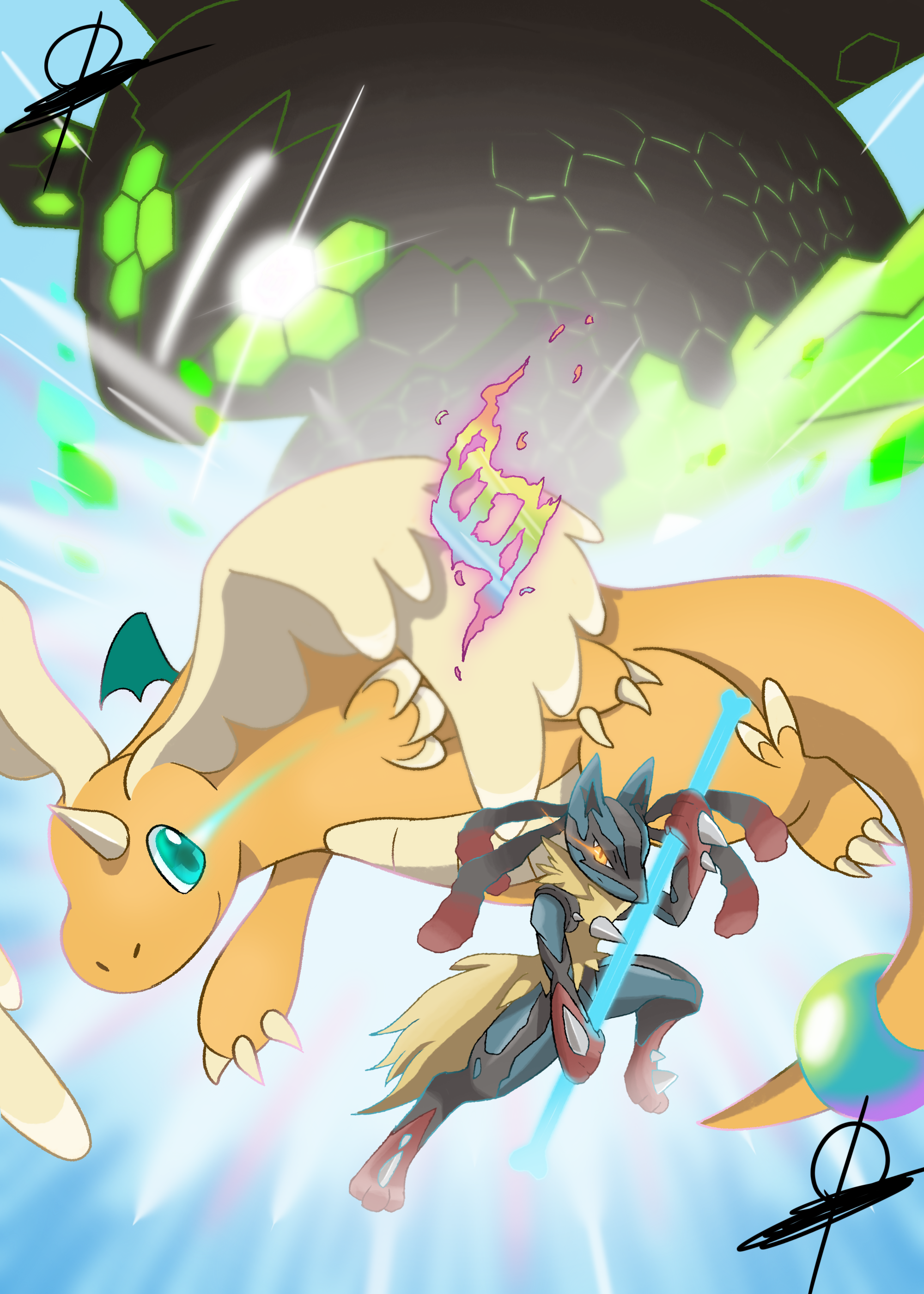 dairok (dandroirl), dragonite, lucario, mega dragonite, mega lucario, zygarde, nintendo, pokemon, absurdres, commentary, english commentary, highres, aqua eyes, bone rush (pokemon), claws, closed mouth, dragon, eye trail, gen 1 pokemon, gen 4 pokemon, gen 6 pokemon, head wings, holding, horns, legendary pokemon, light trail, mega evolution symbol, mega pokemon, nostrils, pokemon (creature), pokemon focus, single horn, smile, spikes, wings, yellow eyes, zygarde (50)