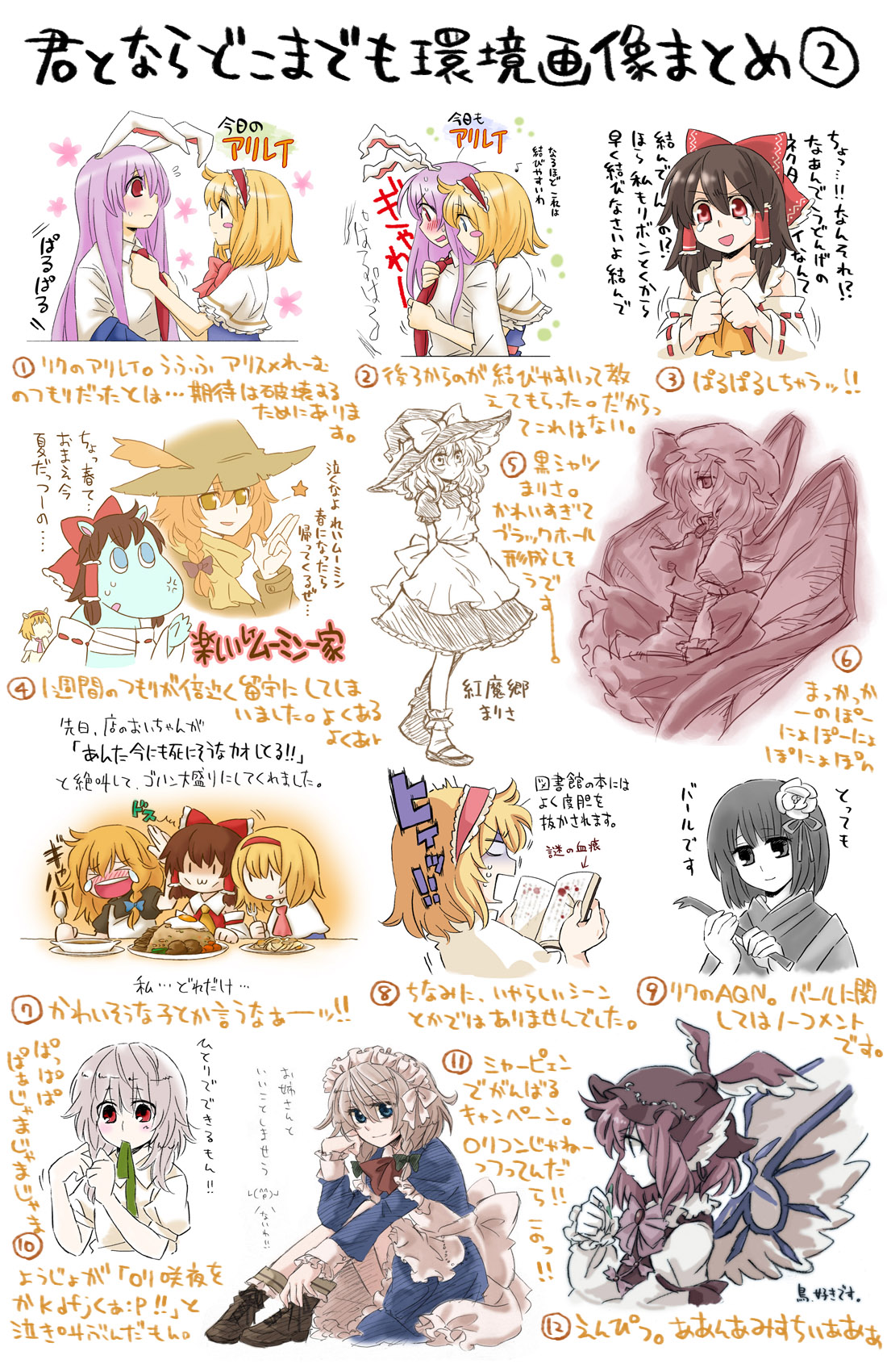arata iri, alice margatroid, hakurei reimu, hieda no akyuu, izayoi sakuya, kirisame marisa, mystia lorelei, reisen udongein inaba, remilia scarlet, perfect memento in strict sense, touhou, bad id, bad pixiv id, highres, translation request, 6+girls, blonde hair, female focus, multiple girls