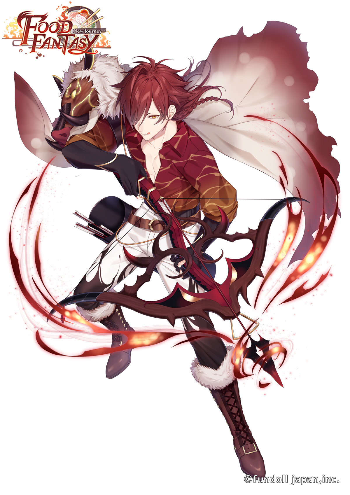 cocosuke, food fantasy, highres, official art, 1boy, :q, abs, ahoge, arrow (projectile), belt, black belt, black gloves, black pants, boar, boots, bow (weapon), braid, brown boots, cape, collarbone, collared shirt, copyright logo, copyright notice, crossbow, elbow gloves, fire, flame print, flower, from above, full body, fur-trimmed boots, fur-trimmed cape, fur trim, gloves, gradient cape, hair over one eye, high-waist pants, holding, holding crossbow, holding weapon, jinhua ham (food fantasy), lace-up boots, legs apart, looking ahead, looking at viewer, male focus, medium hair, one eye covered, open clothes, open shirt, pants, patterned clothing, pectoral cleavage, pectorals, pelt, print pants, print shirt, puffy sleeves, quiver, red cape, red flower, red hair, shirt, shirt tucked in, short eyebrows, side braid, side cape, simple background, solo, standing, three-quarter sleeves, toned, toned male, tongue, tongue out, torn cape, torn clothes, two-tone pants, weapon, white background, white cape, white pants, yellow eyes