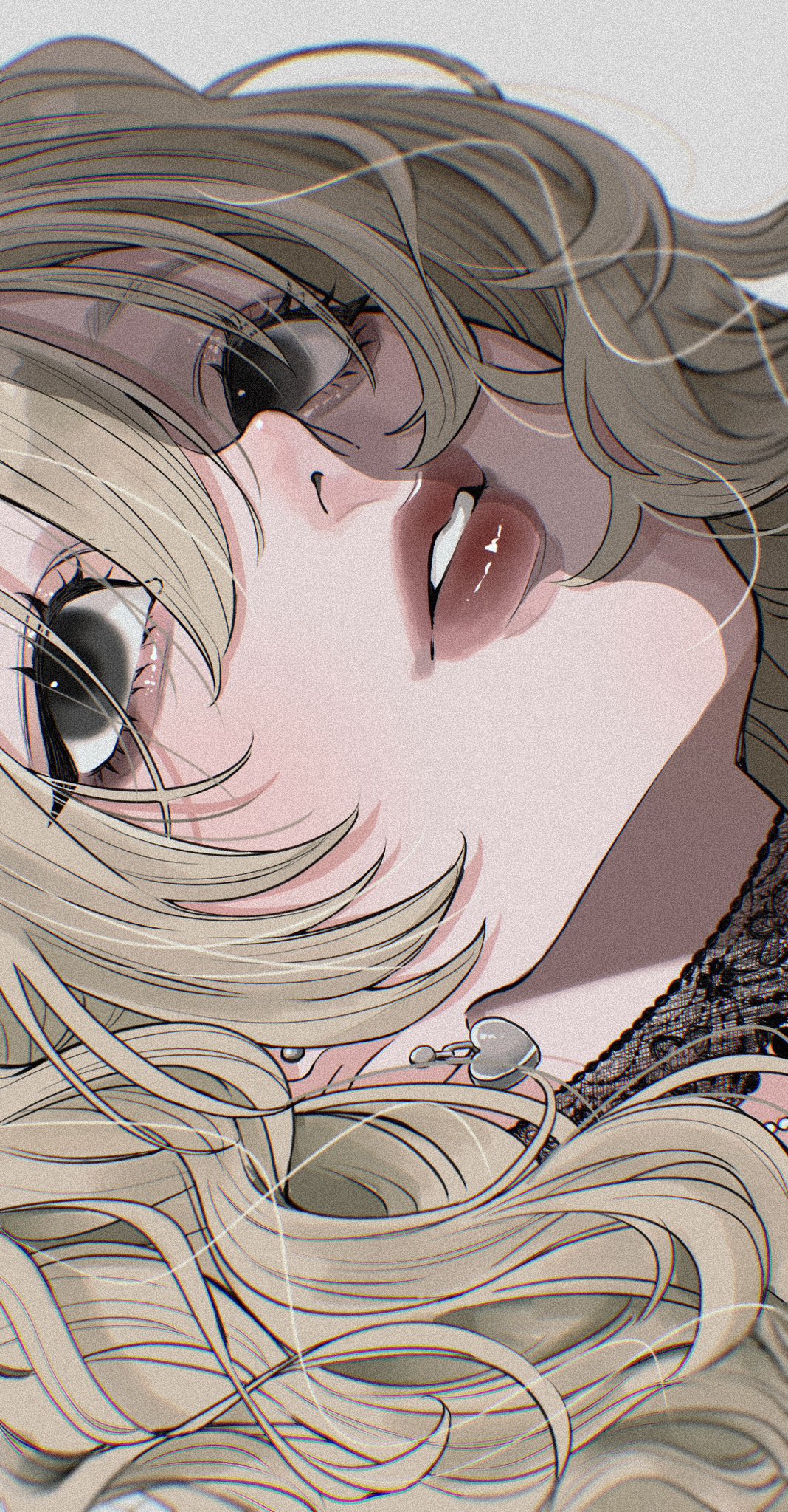 tamori (tamori www), original, highres, 1girl, aegyo sal, black choker, blurry, choker, chromatic aberration, close-up, depth of field, double-parted bangs, ear piercing, earrings, eyelashes, film grain, grey eyes, heart, heart earrings, jewelry, lace, lace choker, looking to the side, looking up, parted lips, piercing, red lips, shadow, simple background, wavy hair, white background
