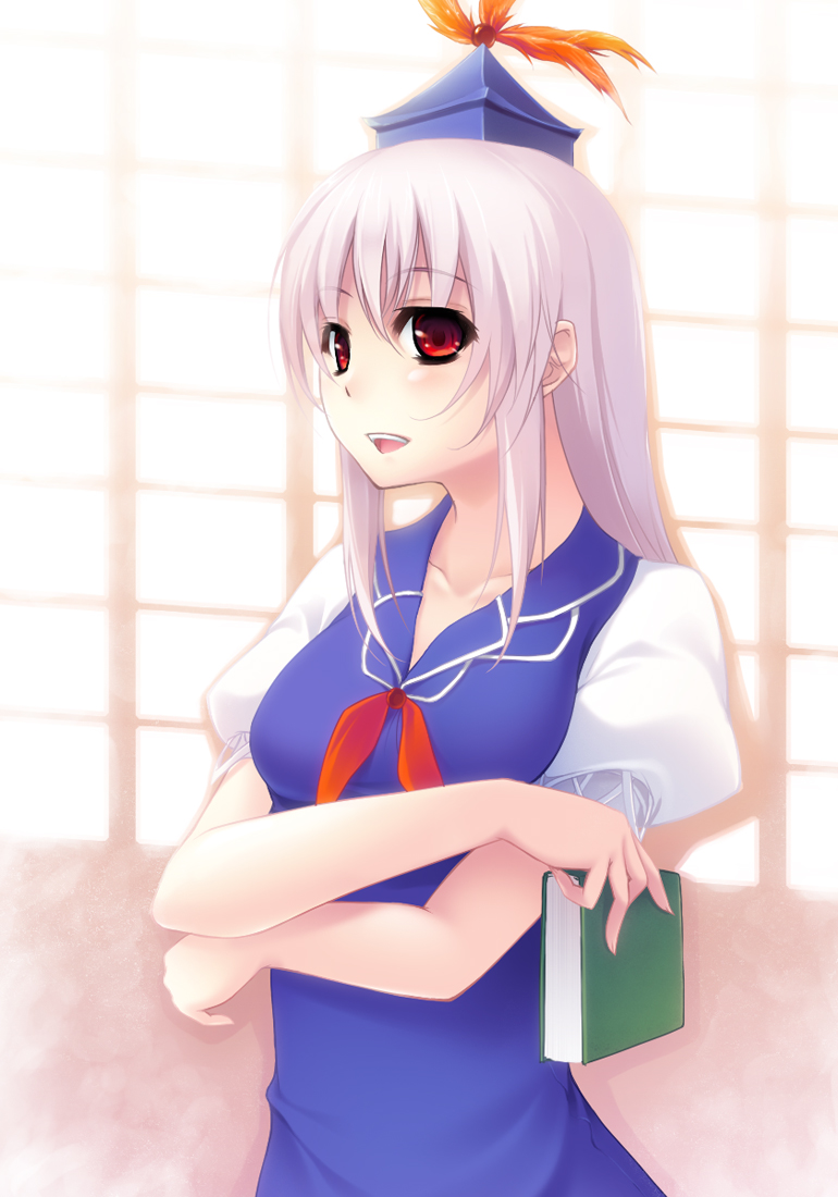 hinoeya kiuri, kazakura, kamishirasawa keine, touhou, bad id, bad pixiv id, 1girl, book, female focus, hat, indoors, long hair, ribbon, solo, standing