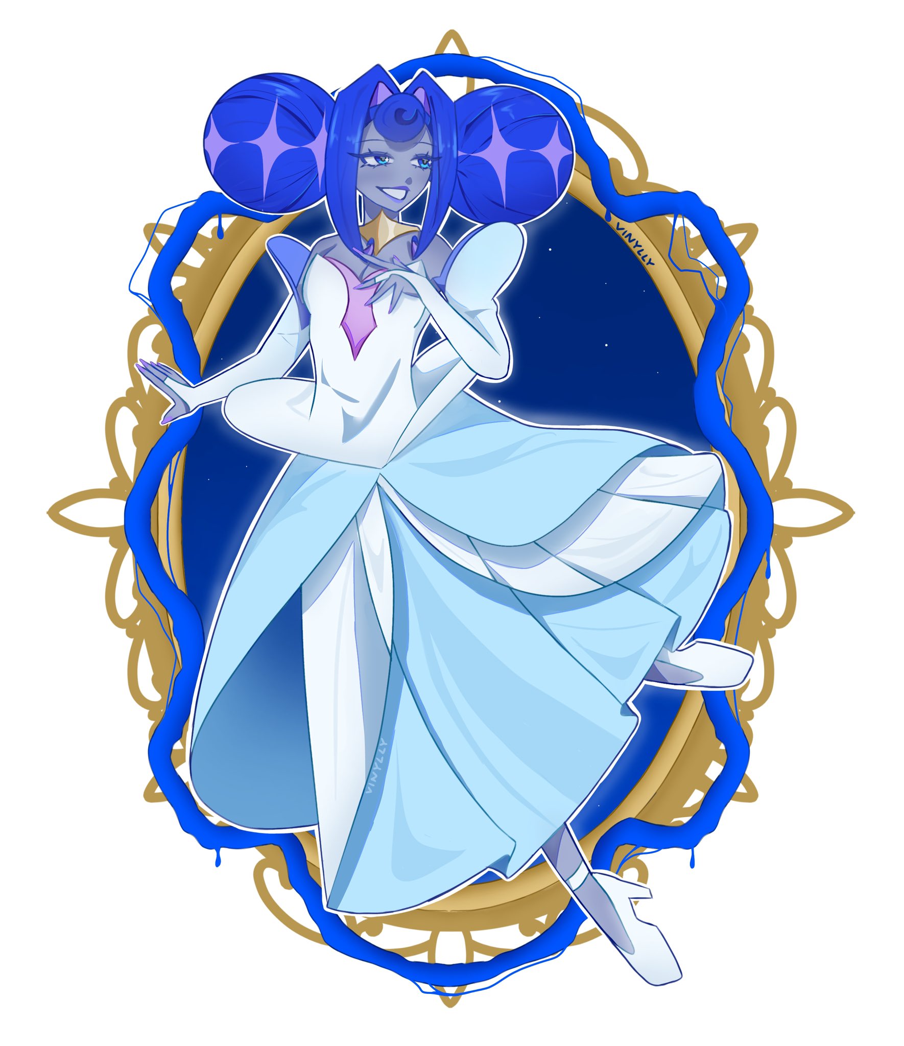 princess guinevere, glitch productions, knights of guinevere, highres, android, blue eyes, blue hair, breasts, cleavage, dress, high heels, princess, purple dress, smile, solo