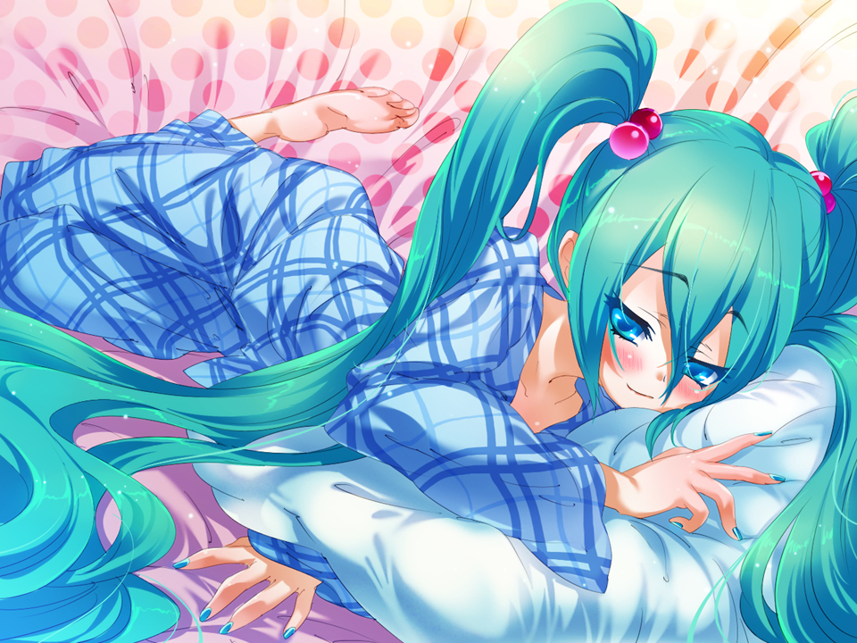 hisasi, hatsune miku, vocaloid, 1girl, aqua hair, aqua nails, barefoot, blue eyes, blush, female focus, hair bobbles, hair ornament, long hair, looking at viewer, lying, nail polish, pajamas, pillow, smile, solo, twintails, very long hair, yamaha