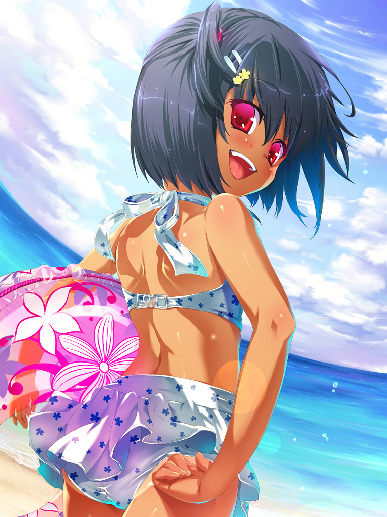 hisasi, source request, 1girl, :d, adjusting clothes, adjusting swimsuit, ass, back, beach, bikini, bikini tan, black hair, day, female focus, fisheye, hair ornament, hairclip, halterneck, happy, innertube, looking at viewer, looking back, ocean, open mouth, red eyes, short hair, short twintails, smile, solo, swim ring, swimsuit, tan, tanline, twintails