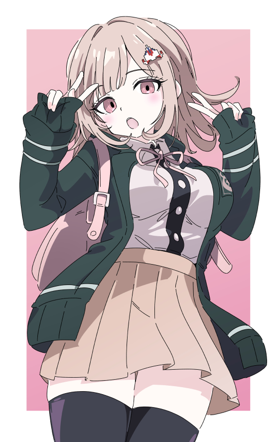 ixy, nanami chiaki, danganronpa (series), danganronpa 2: goodbye despair, commentary, 1girl, backpack, bag, black thighhighs, blush, breasts, collared shirt, double v, green jacket, hair ornament, jacket, large breasts, looking at viewer, medium hair, pink background, pink eyes, pink hair, school uniform, shirt, simple background, skirt, solo, thighhighs, v, white shirt