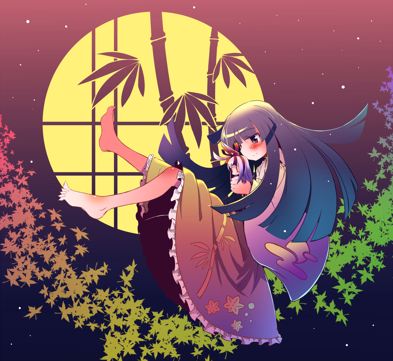 takahero, houraisan kaguya, reisen udongein inaba, touhou, 1girl, animal ears, barefoot, black hair, blush stickers, character doll, doll, feet, female focus, long hair, purple hair, rabbit ears, ribbon, round window, solo, window, | |